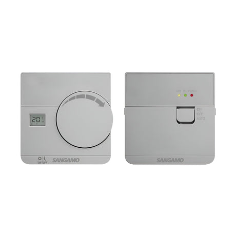 Two silver Choice Plus Room Thermostat Digital Wireless devices are displayed next to each other. One features a large dial with a digital display showing 20°C. The other is equipped with indicator lights labeled ON, OFF, and AUTO, along with power and function switches for seamless wireless communication.