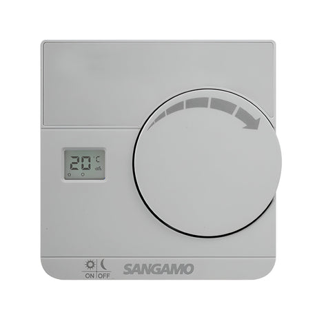 The Choice Plus Room Thermostat Digital - Silver displays a temperature of 20°C on its digital screen. It includes a large circular dial on the right for adjusting the temperature and features TPI Control to enhance energy efficiency. At the bottom, two icons indicate day and night modes.