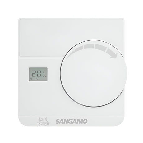 The Choice Plus Room Thermostat Digital in white features a round dial on the right and a digital display on the left, displaying 20°C. The Sangamo brand is printed at the bottom, alongside sun and moon icons for power modes. Its digital display supports TPI Control for efficient temperature management.