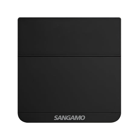 A black rectangular Choice Plus Room Electronic Thermostat Frost Protection featuring the brand name SANGAMO in gray at the bottom center. Its top section is slightly smaller, giving it a distinct horizontal division. With a matte surface designed for tamper resistance, it exudes a smooth touch of sophistication.