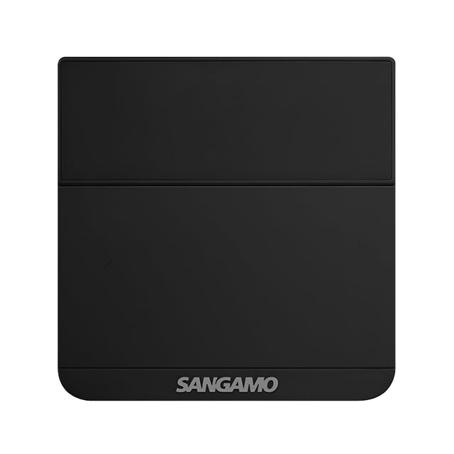 A black rectangular Choice Plus Room Electronic Thermostat Frost Protection featuring the brand name SANGAMO in gray at the bottom center. Its top section is slightly smaller, giving it a distinct horizontal division. With a matte surface designed for tamper resistance, it exudes a smooth touch of sophistication.