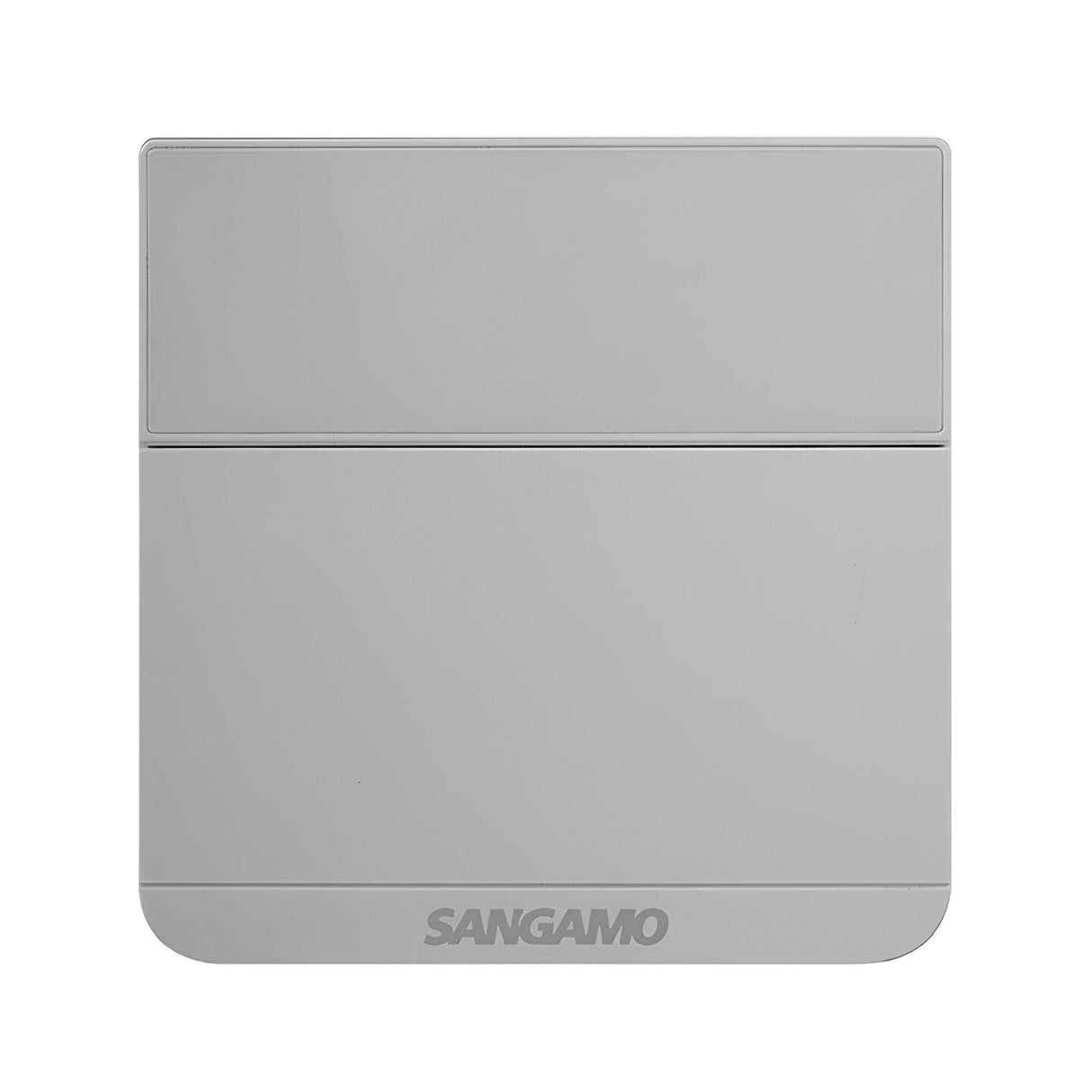 A silver rectangular electronic thermostat from the Choice Plus Room series, branded with Sangamo at the bottom front. It has a smooth surface and a tamper-resistant cover, featuring a subtle horizontal division that may serve as a lid or panel, taking up two-thirds of its height.