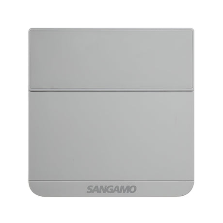 A silver rectangular electronic thermostat from the Choice Plus Room series, branded with Sangamo at the bottom front. It has a smooth surface and a tamper-resistant cover, featuring a subtle horizontal division that may serve as a lid or panel, taking up two-thirds of its height.