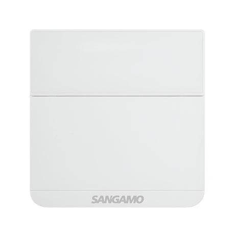 A white square device labeled "SANGAMO" in grey at the bottom boasts a sleek design, including a smooth surface with subtle indents, suggesting its function as a Choice Plus Room Electronic Thermostat Frost Protection for smart home use.