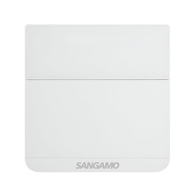 A white square device labeled "SANGAMO" in grey at the bottom boasts a sleek design, including a smooth surface with subtle indents, suggesting its function as a Choice Plus Room Electronic Thermostat Frost Protection for smart home use.