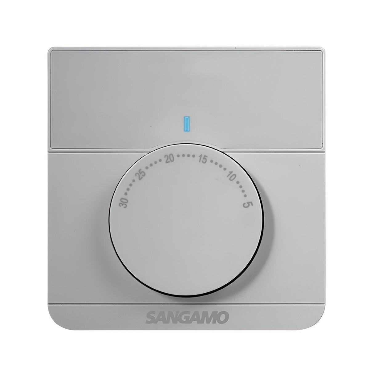 A Choice Plus Room Electronic Thermostat in silver comes with a circular dial for temperature adjustments ranging from 5 to 30 degrees. It includes an electronic sensor for optimal heating efficiency and features a minimalist design with a small blue indicator light above the dial.