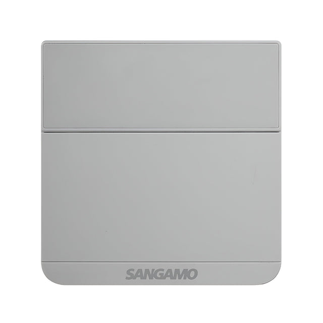 The silver rectangular device, with the brand name SANGAMO prominently at the bottom, features a sleek design and integrates an electronic sensor to enhance heating efficiency. Its smooth surface is tastefully accented by a distinct horizontal separation near the top.