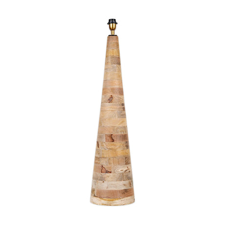 Chameli tapering cone floor lamp base in coursed mango wood with visible block joins and varied natural tones, topped with a brass collar and E27 bulb holder, on a plain white background.
