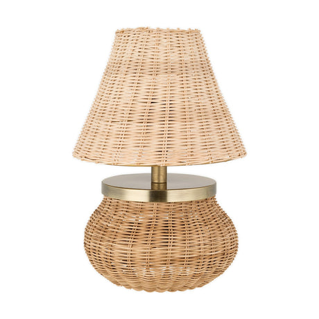 Cija Woven Rattan Table Lamp in natural rattan with a bulbous woven base, tapered conical shade, and brass disc connector, shown on a plain white background.