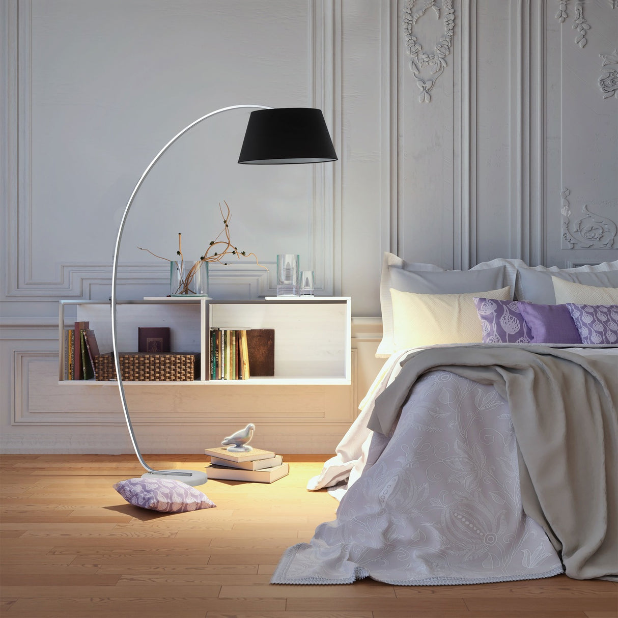 Decima 2 light wall light in satin nickel finish, shown in a room setting