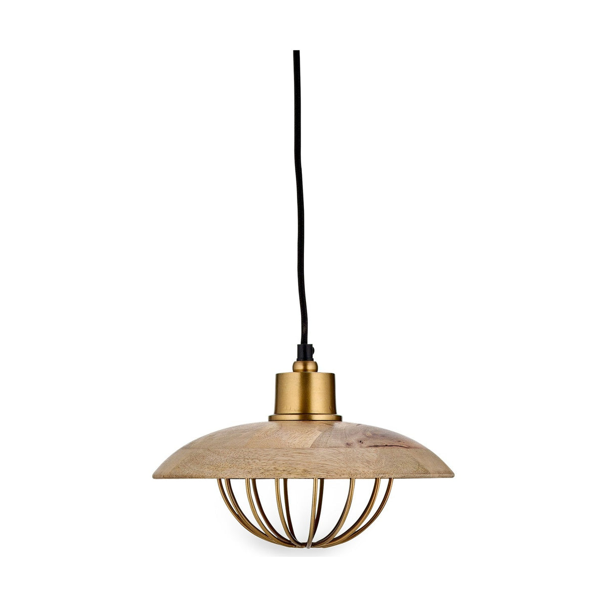 Chakai Small Wood & Metal Pendant Light in Natural, a shallow mango wood disc shade with an open brass cage below and brass ceiling collar, shown on a plain white background.