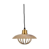 Chakai Small Wood & Metal Pendant Light in Natural, a shallow mango wood disc shade with an open brass cage below and brass ceiling collar, shown on a plain white background.