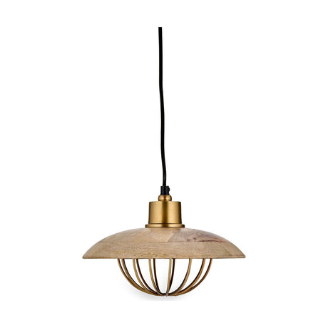 Chakai Small Wood & Metal Pendant Light in Natural, a shallow mango wood disc shade with an open brass cage below and brass ceiling collar, shown on a plain white background.