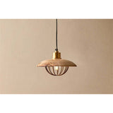 Chakai Small Wood & Metal Pendant Light in natural mango wood with a flattened disc shade and open brass cage beneath, shown hanging on a black cord against a plain neutral background.