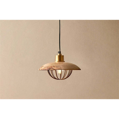 Chakai Small Wood & Metal Pendant Light in natural mango wood with a flattened disc shade and open brass cage beneath, shown hanging on a black cord against a plain neutral background.