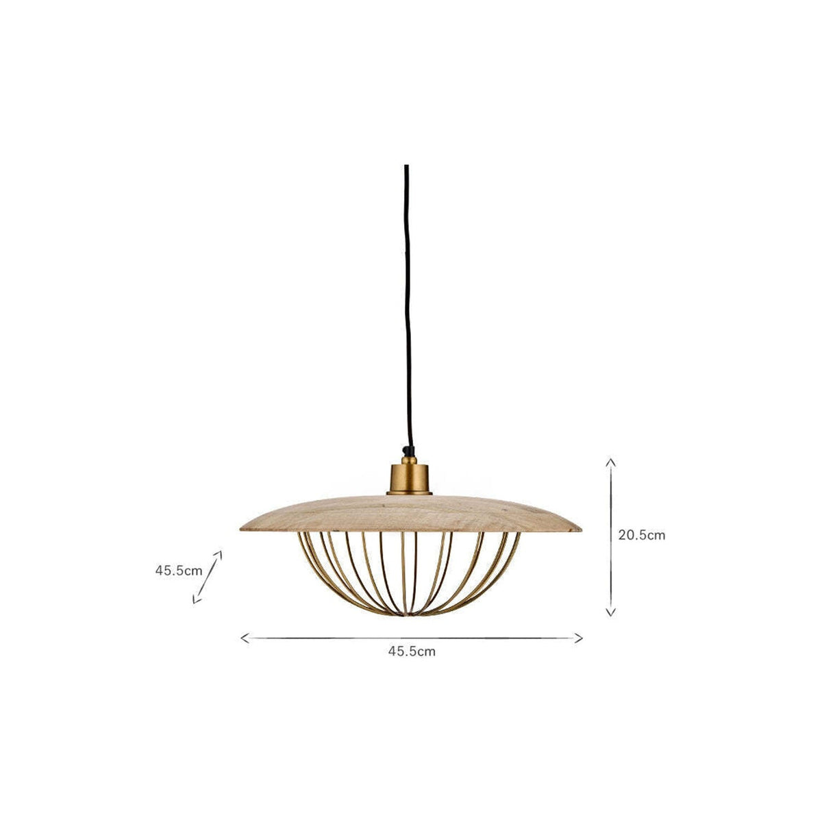 Chakai Large Wood & Metal Pendant Light in natural mango wood with an open brass cage shade, shown with a black cord against a plain white background, labelled 45.5cm wide and 20.5cm tall.