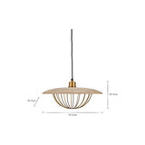Chakai Large Wood & Metal Pendant Light in natural mango wood with an open brass cage shade, shown with a black cord against a plain white background, labelled 45.5cm wide and 20.5cm tall.