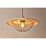 Chakai Large Wood & Metal Pendant Light in Natural, a wide mango wood disc shade with an open brass wire cage below holding an exposed bulb, shown against a plain light background.