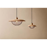 Chakai Large Wood & Metal Pendant Light in natural mango wood, shown with a smaller matching pendant, both featuring wide disc shades and open wire cages below, against a plain beige background.