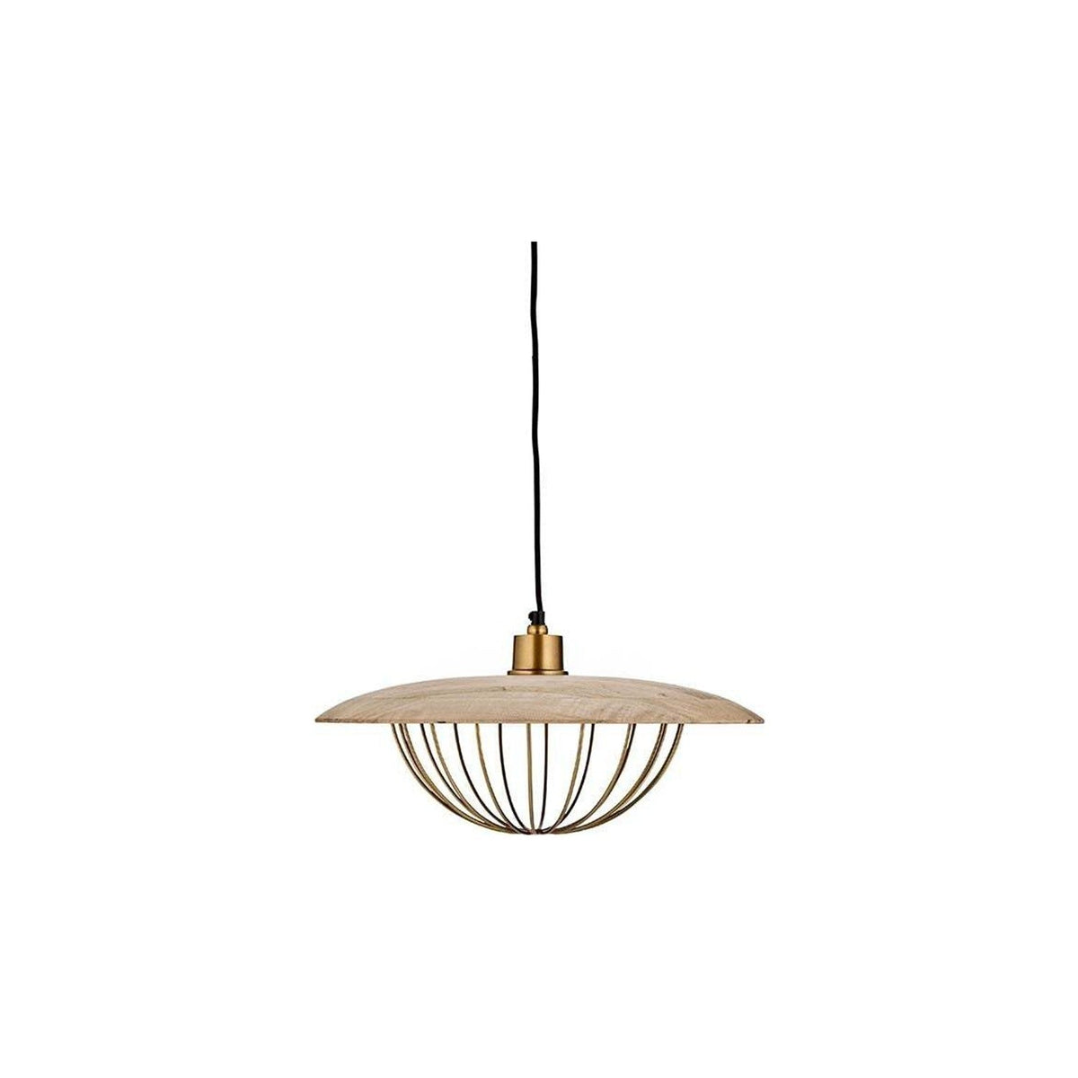 Chakai Large Wood & Metal Pendant Light in natural mango wood, with a wide flat disc shade and an open brass cage beneath, shown on a plain white background.