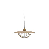 Chakai Large Wood & Metal Pendant Light in natural mango wood, with a wide flat disc shade and an open brass cage beneath, shown on a plain white background.