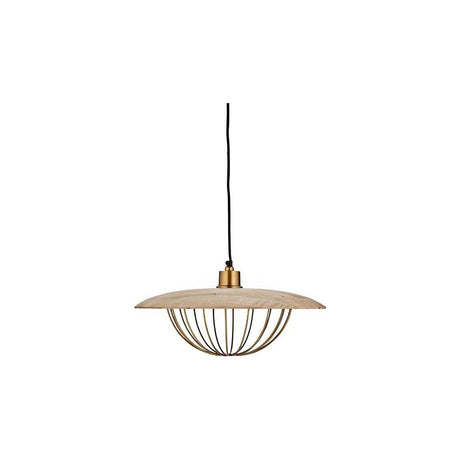 Chakai Large Wood & Metal Pendant Light in natural mango wood, with a wide flat disc shade and an open brass cage beneath, shown on a plain white background.