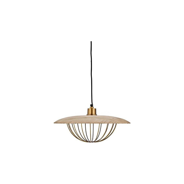 Chakai Large Wood & Metal Pendant Light in natural mango wood, with a wide flat disc shade and an open brass cage beneath, shown on a plain white background.