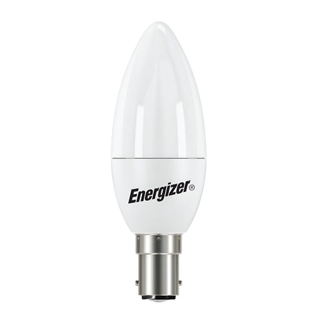 The Energizer 8.5W Non-Dimmable LED Candle Bulb - Warm White, B15, with its 2700K glow, features a smooth white surface and a metal base. This energy-efficient bulb is tailored for use in light fixtures, perfectly blending elegance and functionality.