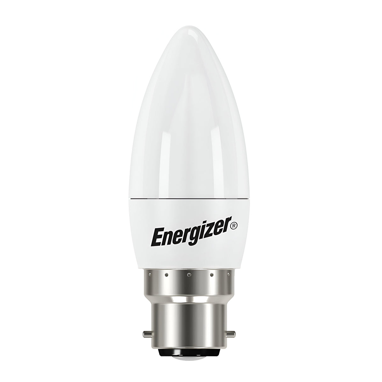 The Energizer 4.9W Non-Dimmable LED Candle Bulb offers a warm white light at 3000K, boasting energy efficiency and featuring a sleek, metallic base, set against a simple white background.