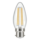 Introducing the Eveready 4W Non-Dimmable LED Candle Filament Bulb in Warm White, B22, 2700K. This bulb boasts a captivating candle-like shape with a sleek metal base and four visible yellow filaments, perfectly merging vintage charm with contemporary energy efficiency. It stands against a plain white backdrop, projecting an air of elegance and modern sophistication.