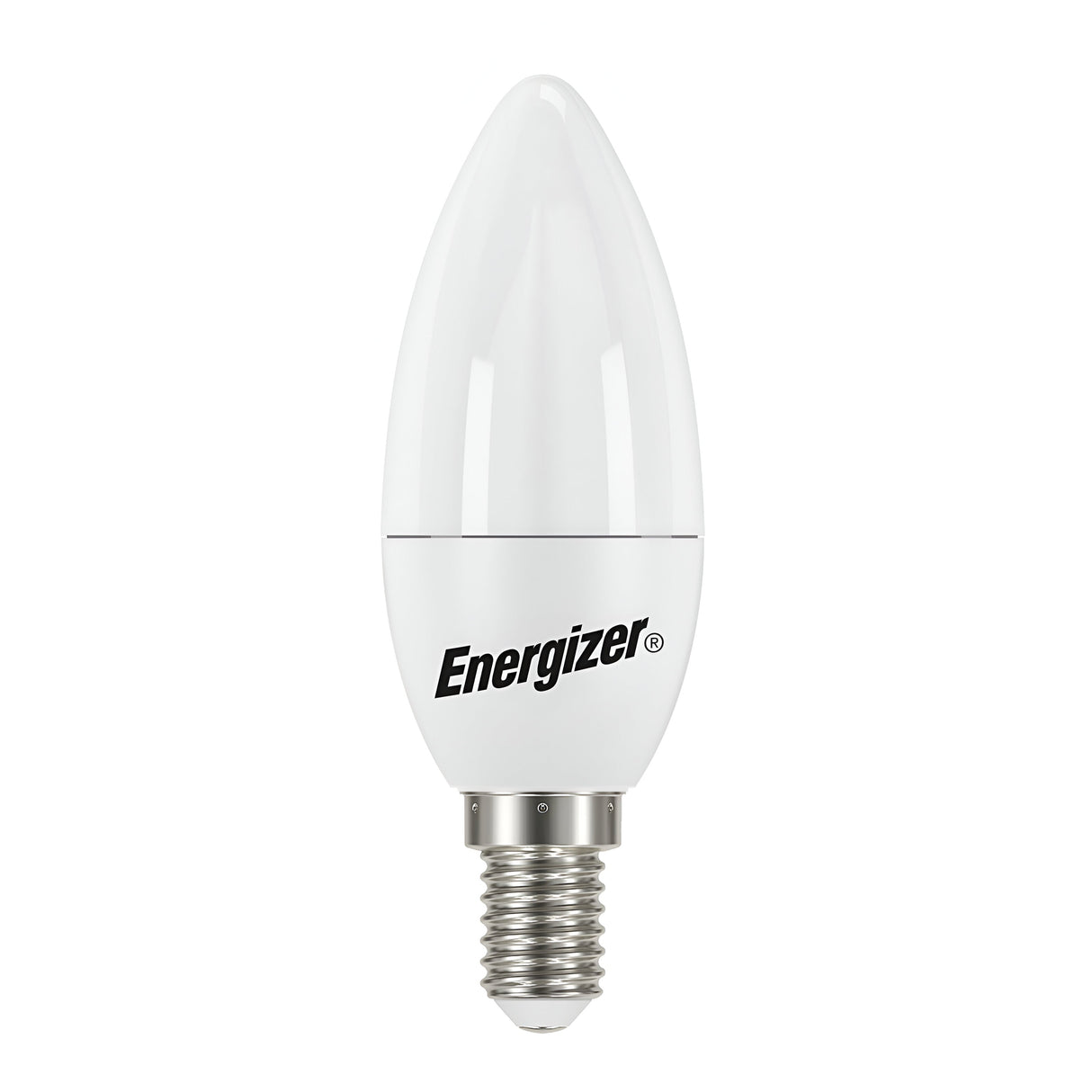 The Energizer 7.3W Non-Dimmable LED Candle Bulb, featuring a white, candle-shaped design and a silver E14 screw base, emits warm white light at 2700K. The surface proudly displays the Energizer logo, and its energy-efficient design includes a smooth, tapered top.