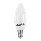 The Energizer 4.9W Non-Dimmable LED Candle Bulb in warm white, with an output of 470 lumens, features a silver E14 small Edison screw base and the Energizer logo printed at the center.