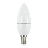 The Eveready 4.9W Non-Dimmable LED Candle Bulb, featuring a metallic E14 screw base, illuminates with a cool daylight ambiance, set against a plain white background.