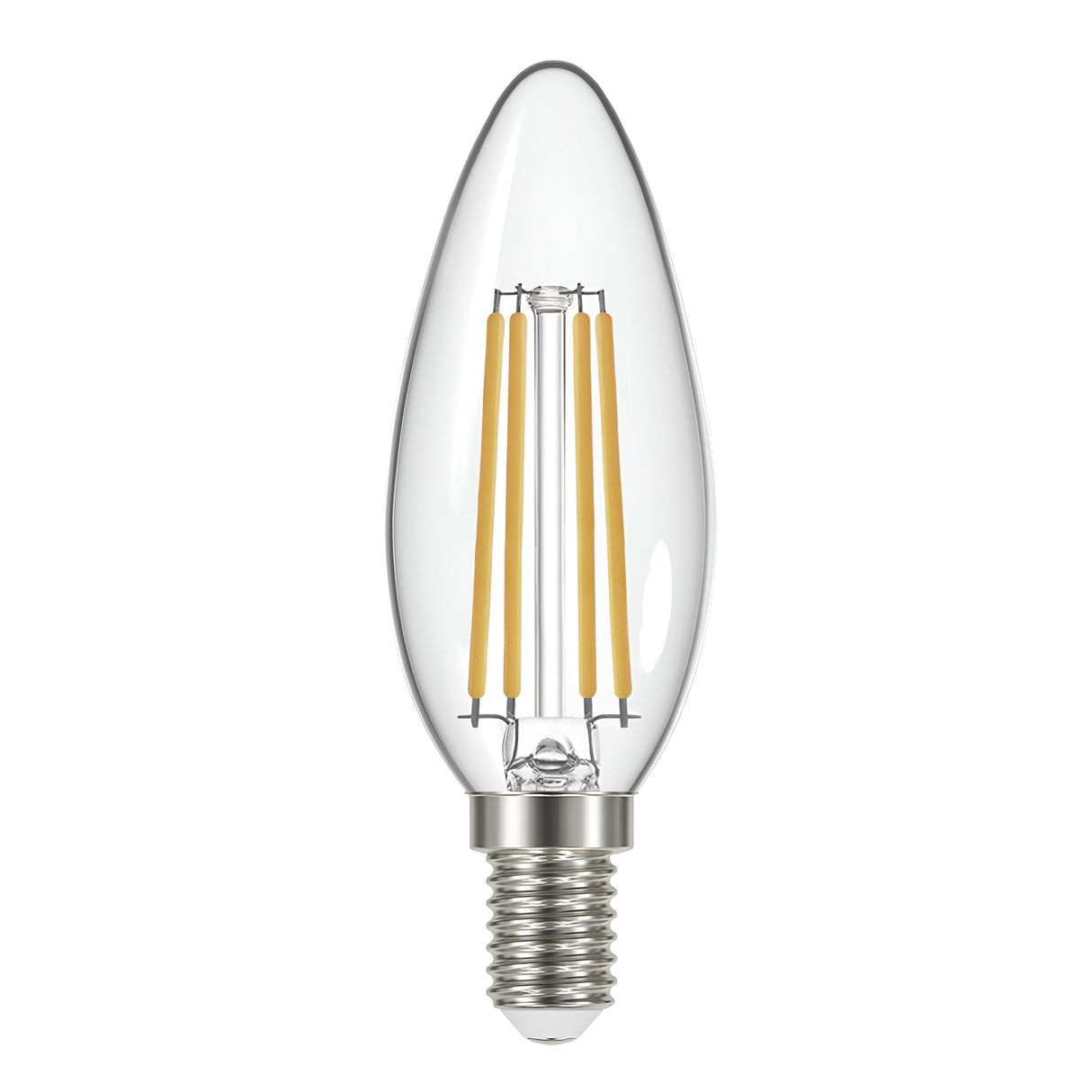An Eveready 4W Non-Dimmable LED Candle Filament Bulb in a candle shape boasts an E14 silver screw base and emits a warm white glow at 2700K from its four vertical yellow filaments. The bulb is positioned upright against a plain white background.