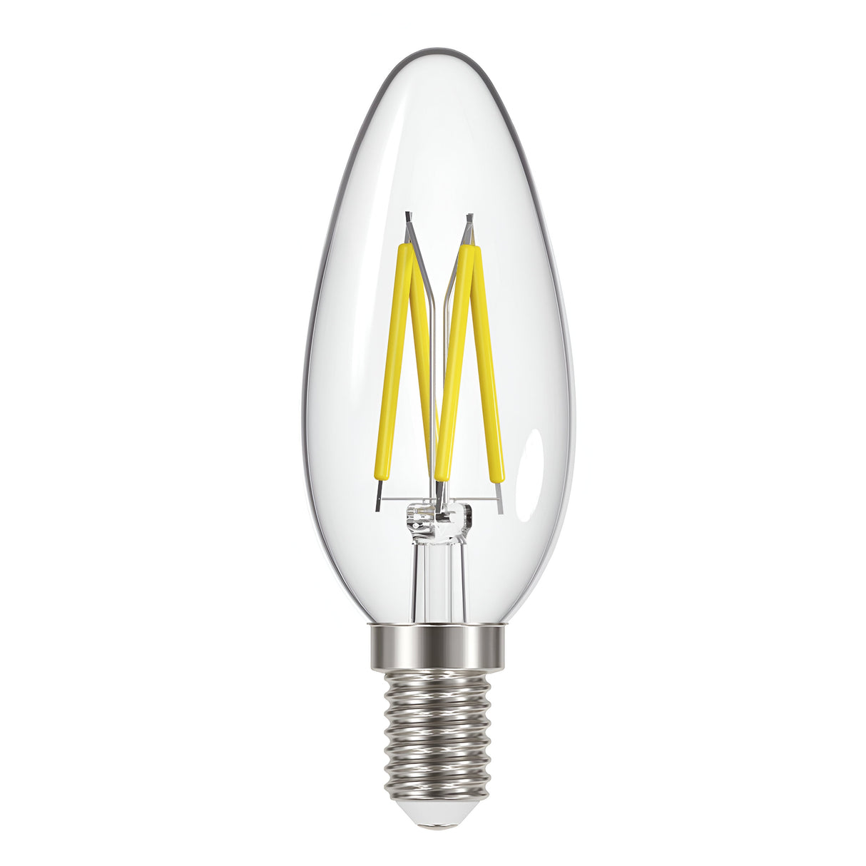 The Energizer 5W Dimmable LED Candle Filament Bulb offers a warm white glow at 2700K. This bulb features a clear flame-shaped design with thin yellow filaments and an E14 screw base, providing energy-efficient decorative lighting solutions.