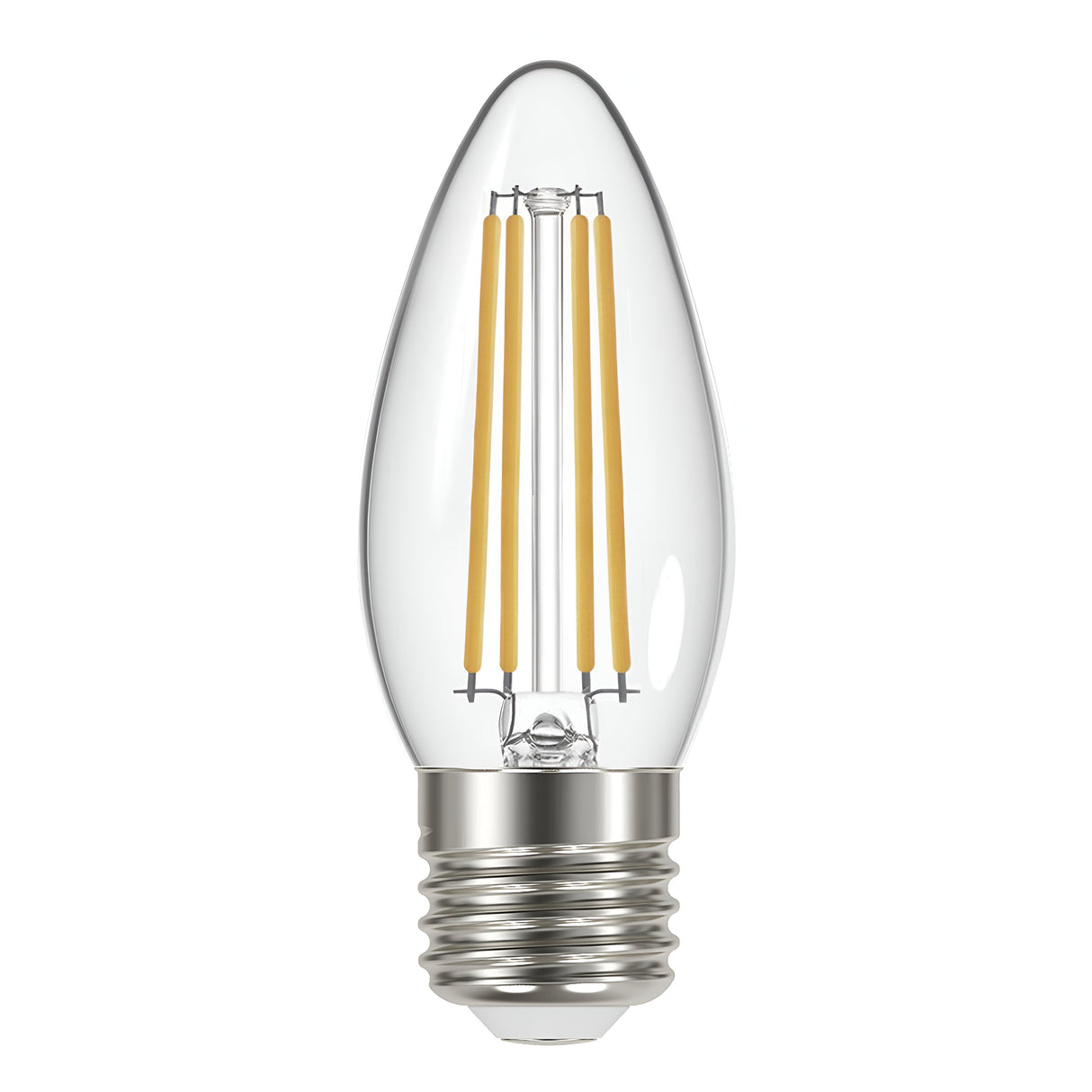 The Eveready 4W Non-Dimmable LED Candle Filament Bulb in warm white, characterized by its teardrop shape and visible filaments, emits a cozy glow at 2700K. This energy-efficient bulb features an E27 metallic screw base for easy fitting into a light socket.