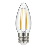The Eveready 4W Non-Dimmable LED Candle Filament Bulb in warm white, characterized by its teardrop shape and visible filaments, emits a cozy glow at 2700K. This energy-efficient bulb features an E27 metallic screw base for easy fitting into a light socket.