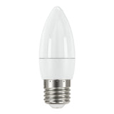 The LumiLife 4.2W Dimmable LED Candle Bulb, designed with a smooth, reflective white surface and offering daylight illumination at 6500K, features a metallic E27 screw base. It stands vertically against a plain white background, adding modern elegance to any space.