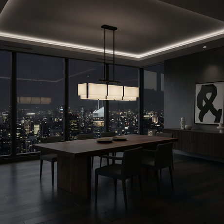 A modern dining room features a wooden table, six chairs, and the Albyso LED Linear Alabaster Chandelier in matte black & soft white. Floor-to-ceiling windows offer city skyline views; minimalist decor includes abstract art and ceramic vases.