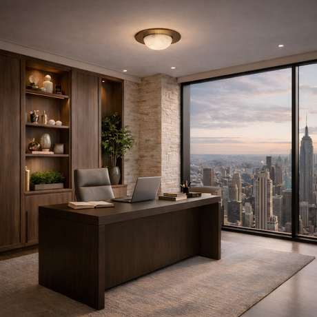 Modern office with a large wooden desk, leather chair, and laptop by floor-to-ceiling windows at sunset. Above shelves with decor and plants, the Arvello 1 Light Wide Dome Alabaster Semi-Flush Ceiling Light in Soft White & Brushed Brass adds elegance.