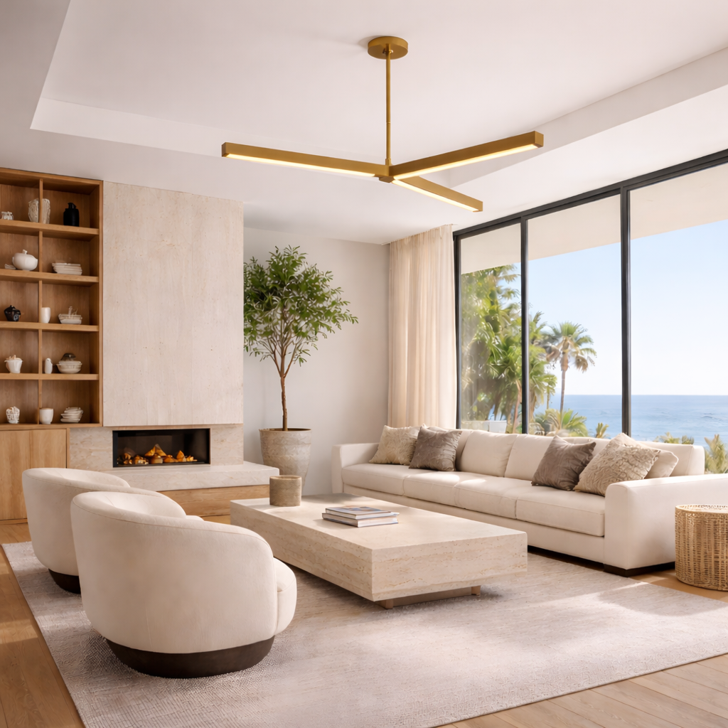 A modern living room with cream furniture, a large ocean-view window, minimalist fireplace, built-in shelves with decor, the Elvaris LED Radial Alabaster Chandelier in brushed brass & soft white, and a potted tree in the corner.
