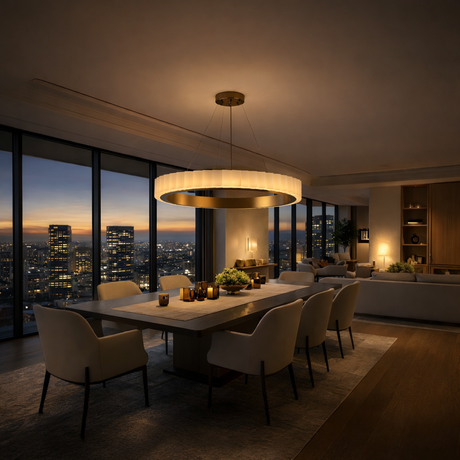 A modern dining room features the Lucenza LED Small Halo Ring Alabaster Chandelier in brushed brass & soft white above a long table with cream chairs, floor-to-ceiling windows overlooking a sunset skyline, and warm lighting from candles and plants.