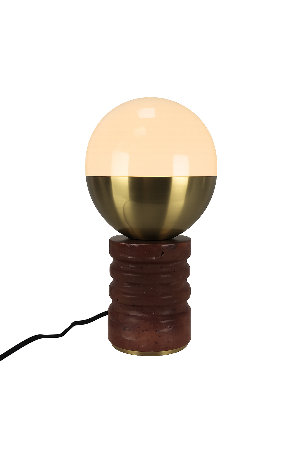 The Caldris 1 Light Sculpted Marble Table Lamp in Brass & Dark Terracotta Red features a round, half-glass, half-brass shade atop a textured cylindrical base with a black electrical cord.