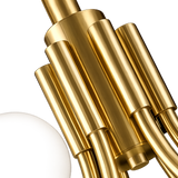 Close-up of the Aurelio 10 Light Large Globe Alabaster Chandelier in soft white and brushed brass, showcasing smooth cylindrical metal rods and a white spherical glass shade against a plain white background.