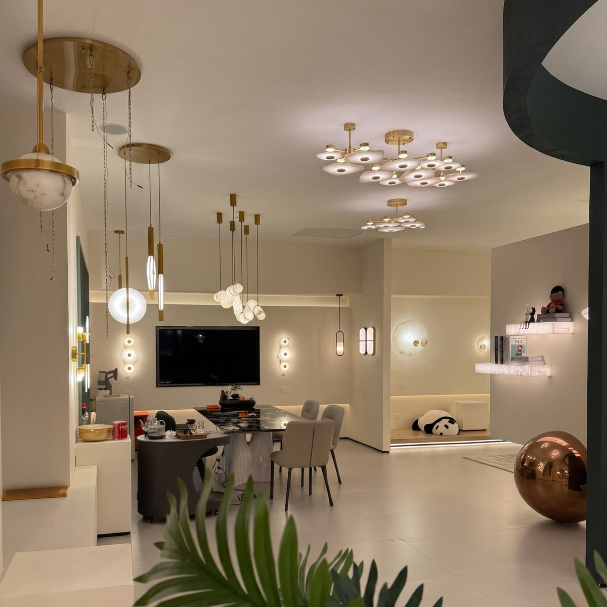 Calyra LED Small Alabaster Semi-Flush Ceiling Light - Brushed Brass