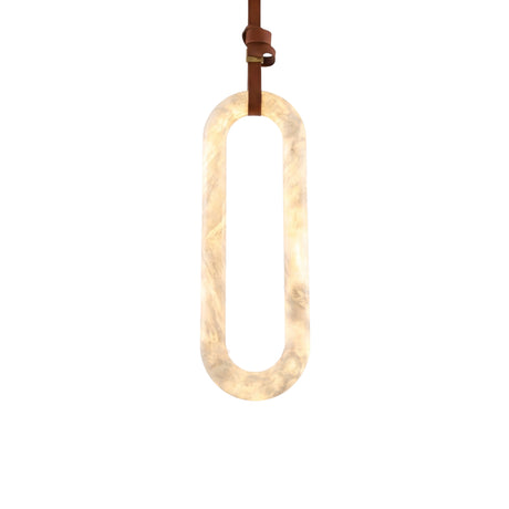 Serava LED Small Alabaster Pendant Light in soft white, elongated oval stone form on a brown leather strap suspension, shown against a plain white background.