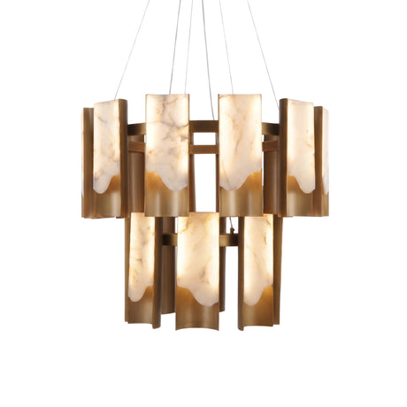 Caelith 20-light two-tier panel chandelier with vertical alabaster slabs and brushed brass channels arranged in two circular rings, shown on a plain white background.