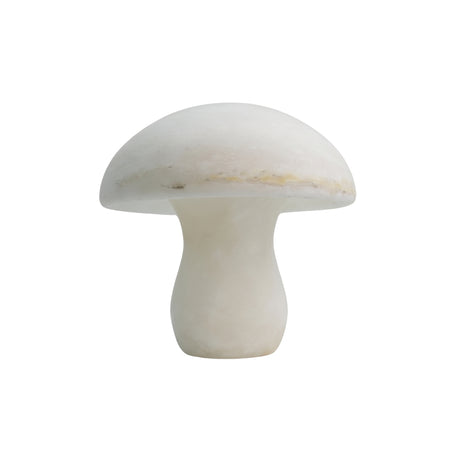 Morfia Small Mushroom Alabaster Table Lamp in soft white, carved from natural alabaster with a rounded dome cap and curved stem, shown on a plain white background.