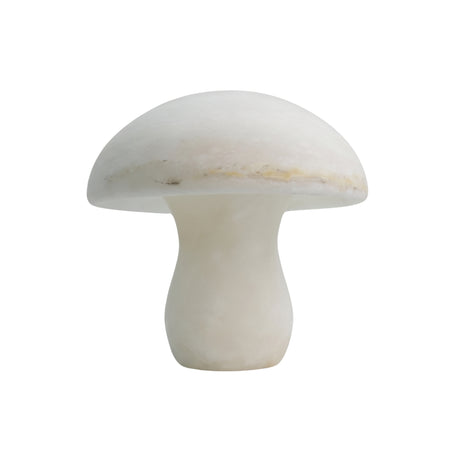 Morfia Mushroom Alabaster Table Lamp in Soft White, carved solid alabaster with a rounded dome cap and curved stem, shown on a plain white background.