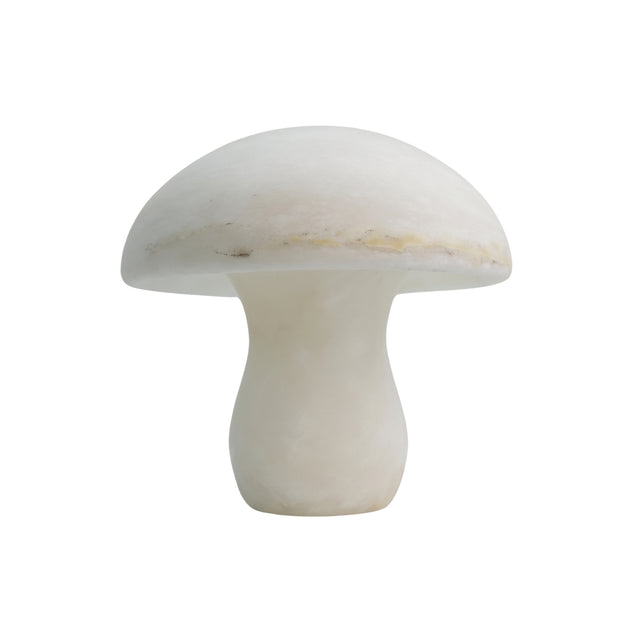 Morfia Mushroom Alabaster Table Lamp in Soft White, carved solid alabaster with a rounded dome cap and curved stem, shown on a plain white background.